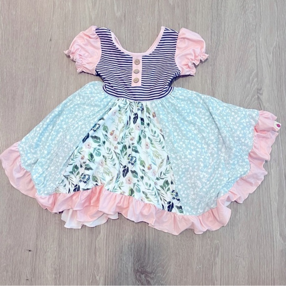 cheeky plum Pastel Pink, Light Blue & Navy Stripe Floral Twirl Dress